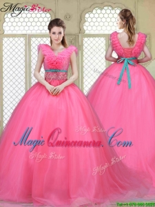 Fashionable Brush Train Quinceanera Dresses in Hot Pink