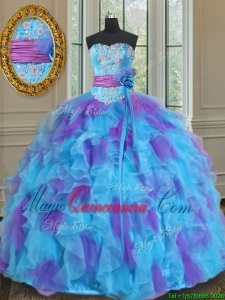 2017 Best Sweetheart Organza Blue and Purple Quinceanera Gown with Handmade Flower