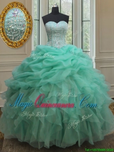 2017 Cheap Beaded and Bubble Turquoise Organza Quinceanera Dress with Ruffles