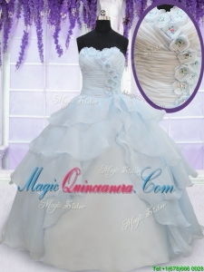 2017 Pretty Light Blue Organza Quinceanera Dress with Appliques and Ruffled Layers