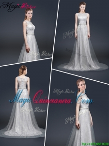 Elegant Empire Bateau Dama Dresses with Brush Train