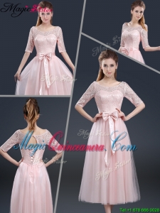 2016 Elegant Tea Length Dama Dresses with Lace and Bowknot