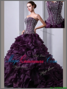 Beautiful A Line Brush Train Beading and Ruffles Quinceanea Dresses