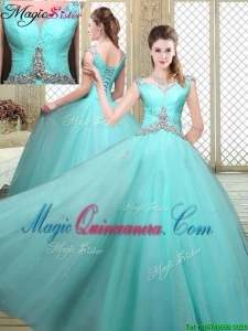 Cheap Straps Beading Quinceanera Dresses in Aqua Blue