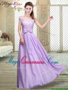Fashionable Square Cap Sleeves Lavender Dama Dresses with Belt