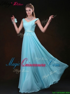 Low price Empire V Neck Dama Dresses with Belt and Lace