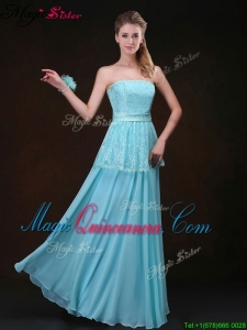 Affordable Strapless Floor Length Dama Dresses in Aqua Blue