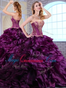 Cute Brush Train Dark Purple Sweet 16 Dresses with Ruffles and Appliques