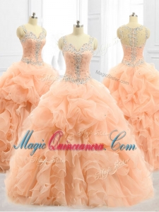 Custom Made Straps Beading and Ruffles Quinceanera Dresses in Peach