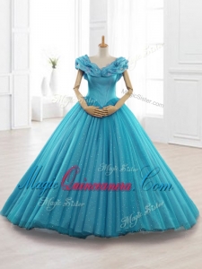 In Stock Cap Sleeves Teal Quinceanera Gowns with Appliques