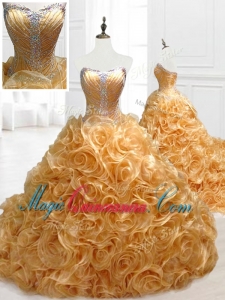 In Stock Sweetheart Rolling Flowers Brush Train Quinceanera Dresses with Beading