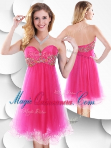 2016 Pretty Sweetheart Hot Pink Short Dama Dress with Beading