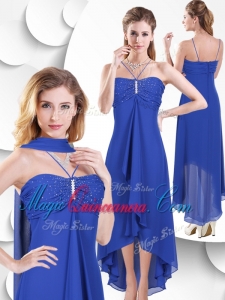2016 Simple Spaghetti Straps High Low Blue Dama Dress with Beading
