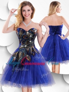 Afforable Short Peacock Blue Dama Dress with Beading and Appliques
