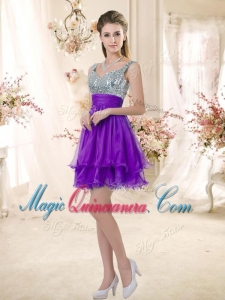 Afforable Straps Short Purple Dama Dresses with Sequins