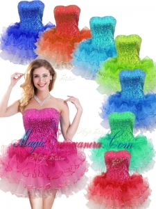 Discount Strapless Short Dama Dresses with Sequins and Ruffles