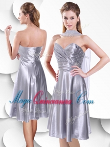 New Arrival Empire Elastic Woven Satin Silver Dama Dress with Beading and Ruching