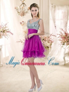New Arrival Straps Short Dama Fuchsia Dresses with Sequins