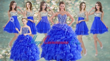 Big Puffy Beaded Blue Quinceanera Dress and Sequined Short Dama Dresses Ruffled Mini Quinceanera Dress