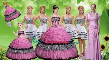 Luxurious Applique Zebra Rose Pink Quinceanera Dress and Strapless White Dama Dresses and Pick Ups Mini Quinceanera Dress and Applique Mother of The Bride Dress