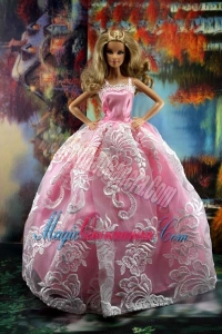 New Embroidery Fashion Princess Pink Dress Gown For Barbie Doll