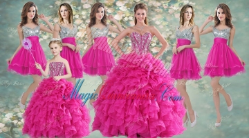 Pretty Hot Pink Beaded and Ruffled Quinceanera Dress and Short Sequined Dama Dresses and Strapless Mini Quinceanera Dress