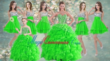 Really Puffy Spring Green Sweet 16 Dress and Sequined Short Dama Dresses and Beaded and Ruffled Mini Quinceanera Dress