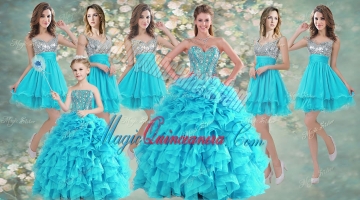 Visible Boning Aqua Blue Quinceanera Dress and Sequined Short Dama Dresses Beaded and Ruffled Mini Quinceanera Dress