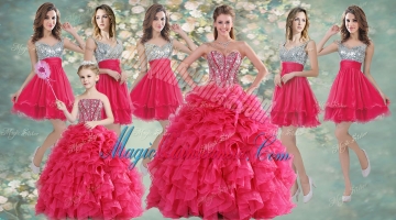 Visible Boning Coral Red Quinceanera Dress and Short Sequined Dama Dresses and Beaded and Ruffled Mini Quinceanera Dress