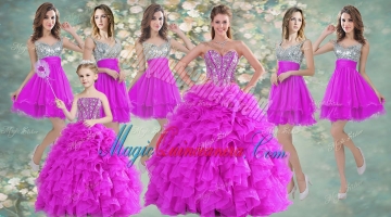 Visible Boning Fuchsia Sweet 16 Gown and Sequined Dama Dresses Beaded and Ruffled Mini Quinceanera Dress