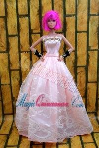 Baby Pink Gown For Barbie Doll With Lace and A-line
