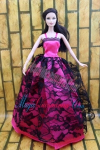 Gorgeous Hot Pink and Black Lace Gown For Barbie Doll