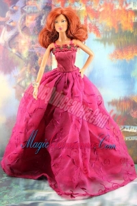 Lovely Embroidery For Hot Pink Barbie Doll Dress