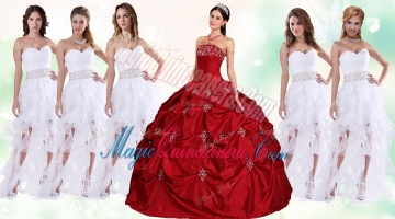 Lovely Taffeta Applique and Beaded Red Quinceanera Dress and Asymmetrical White Dama Dresses