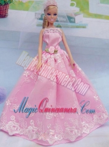 Elegant Pink Gown With Embroidery Made To Fit The Barbie Doll