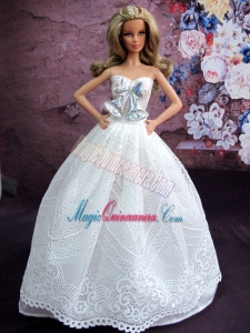 Elegant White Gown With White Lace and Bowknot Made To Fit The Barbie Doll