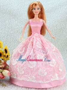 Lovely Baby Pink Ball Gown Straps With Sash and Lace Party Clothes Fashion Dress For Noble Barbie
