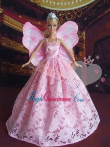 Lovely Princess Handmade Baby Pink Straps Party Clothes Fashion Dress for Noble Barbie