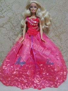 Luxurious Red Ball Gown With Hand Made Flowers and Appliques Party Clothes Fashion Dress for Noble Barbie