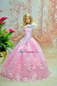 Pink Lovely Party Dress For Barbie Doll Dress With Embroidery