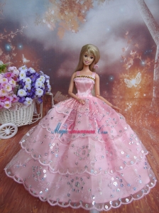 Sequin Decorate Fashion Princess Pink Dress Gown For Barbie Doll