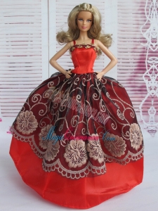 Beautiful Embroidery Ball Gown Red and Black Barbie Doll Dress