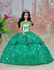 Elegant Ball Gown Green Strapless Hand Made Flowers Party Clothes Fashion Dress for Noble Barbie