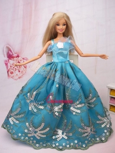 Exclusive Ball Gown Teal Beading Hand Made Flower Barbie Doll Dress