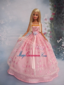 Hand Made Flower Lace Pink Ball Gown Barbie Doll Dress