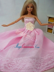 Hand Made Flower Tulle and Taffeta Party Dress Pink Barbie Doll Dress