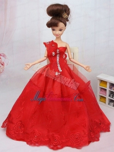 Hand Made Flower and Beading Red Organza Barbie Doll Dress