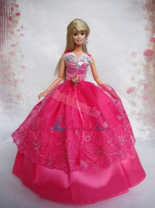 Lovely Hot Pink Ball Gown Taffeta and Organza Barbie Doll Dress