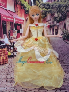Cute Yellow Scoop Hand Made Flowers Barbie Doll Dress