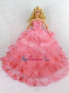 Elegant Handmade Gown With Ruffled Layers and Embroidery Made To Fit the Barbie Doll